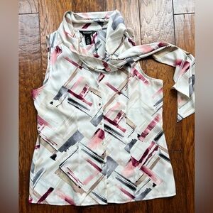 White House Black Market Cream and Pink Sleeveless Tie Front Blouse